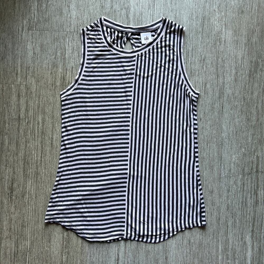 CAbi Gray Beige Striped Crewneck Keyhole Back Long Sleeveless Tank Top Small